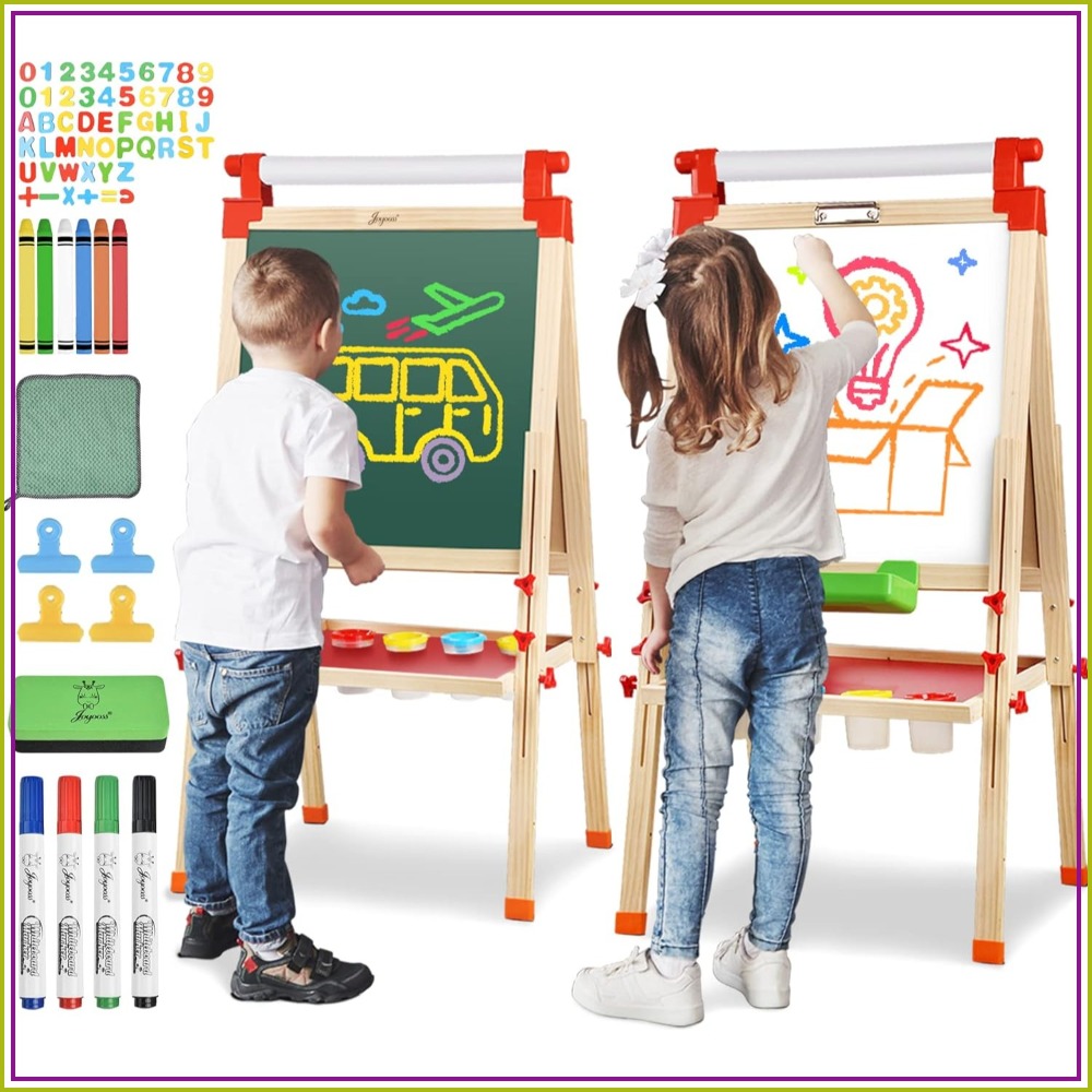 Kids Art Easel - Adjustable Double Sided Wooden Easel for