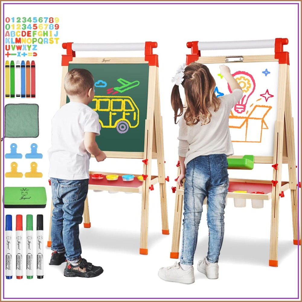 Kids Art Easel - Adjustable Double Sided Wooden Easel with